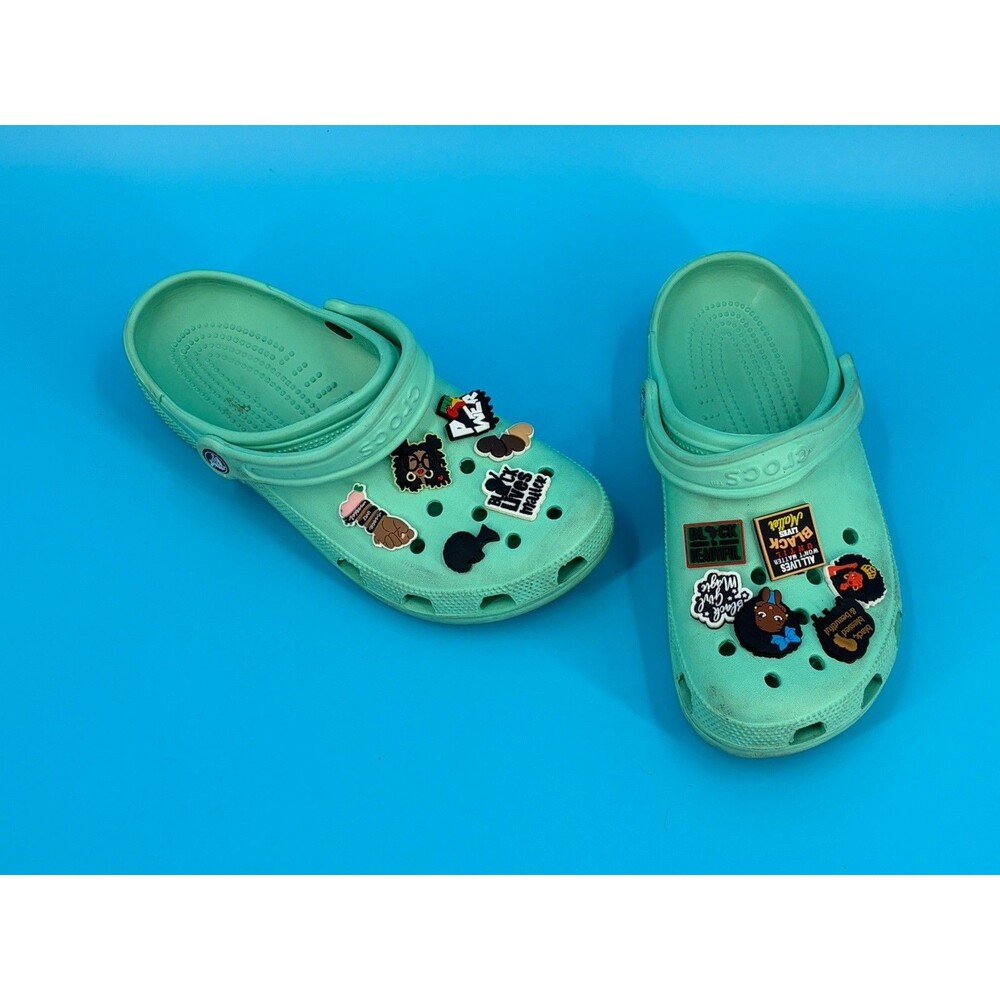 Crocs Classic Clog M9 W11 Mint Green w/ 12 Shoe Charms Black Culture BLM Magic